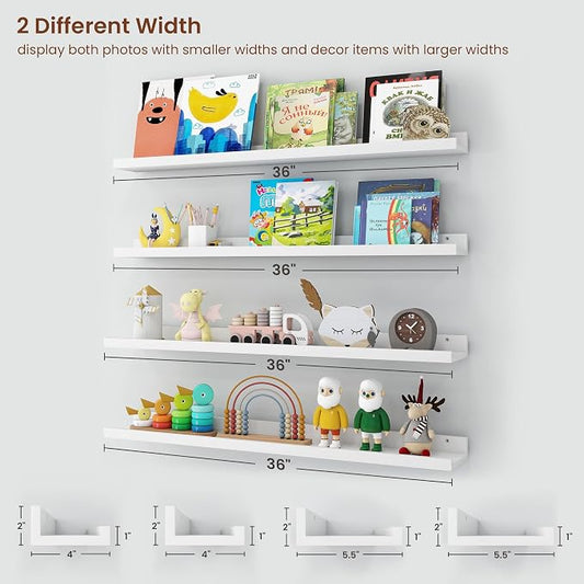 Axeman Picture Ledge Shelf | 36 Inch White Floating Shelves Set of 4 | Rustic Wood Wall Shelves with Lip | 36" White Picture Shelves for Wall with Ledge | Photo Shelves