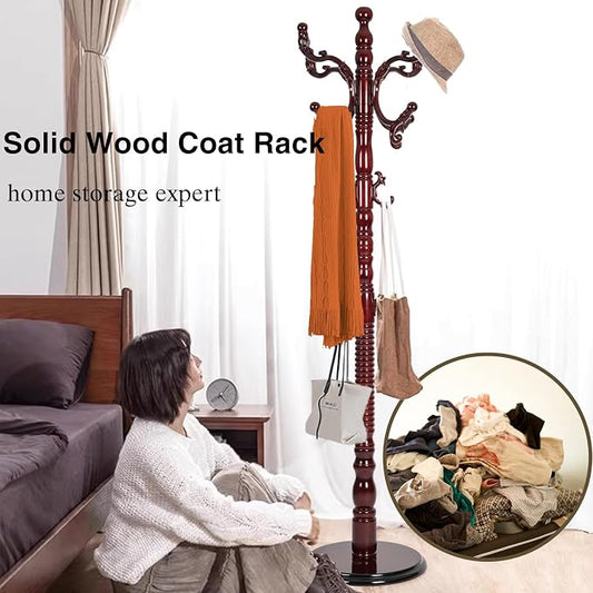 Wooden Coat Rack Freestanding, Hall Tree Hanger With Resin Hooks, Adjustable Heavy Duty Coat Rack for Hanging Clothes Bags Hats in Living Room Bedroom (coat rack, Round Base-Rosewood Color)