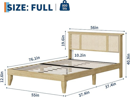 IDEALHOUSE Full Bed Frame with Natural Rattan Headboard, Slats, Bohemian-Style Cane Mattress Support, Strong Metal Base with Resilient Wooden, No Box Spring Needed