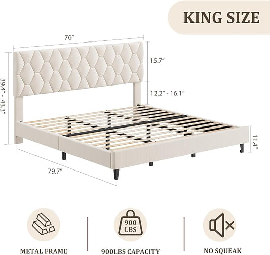 GarveeHome Beige King Bed Frame with Upholstered Headboard, Heavy-Duty Platform Bed Frame with Adjustable Headboard, Strong Wood Slat Support/No Box Spring Needed/Noise Free