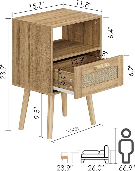 Aienvey Rattan Nightstand, Small Night Stand, Side Table with Drawer Open Shelf, Cane Accent Bedside End Table with Wood Legs, Mid Century Modern Nightstand for Bedroom, Oak (Mid-Century Modern)