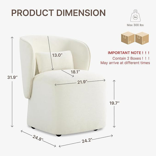 KISLOT Upholstered Dining Chairs with Wheels, Easy Assembly Stain Resistant Fabric Modern Barrel Armchair with Lumbar Cushion, Dining Room Chairs for Kitchen Living Room Bedroom, Beige, Set of 2