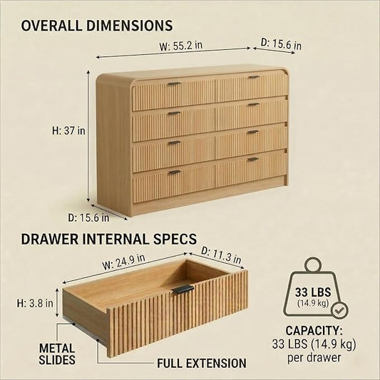FURSUN Fluted 8 Drawers Dresser for Bedroom, 55" Wide Wooden Dresser with Metal Handle, Curved Profile Design, Modern Storage Organizer for Bedroom, Living Room, Hallway, Natural Oak