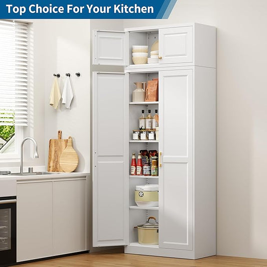 86" Tall Metal Kitchen Pantry Storage Cabinet with Doors and 4 Adjustable Shelves, Extra Large Heavy Duty Steel Storage Cabinet for Kitchen, Garage, Living Room, Pantry Cupboard, White (2 Packages)