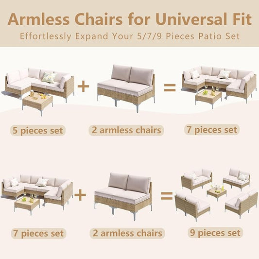2-Piece Patio Furniture Set, Outdoor Wicker Sectional Sofa with Coffee Table, Anti-Slip & Thick All-Weather Cushions for Party, Poolside, Backyard, Beige