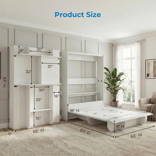 Mjkone Queen Size Wall Murphy Bed with Storage Shelf, Queen Wall Beds Cabinet Murphy Beds with Bookshelf, Top Cabinet Bedframe, Space-Saving Cabinets Beds for Bedroom/Guest Room/Studio/Office - White