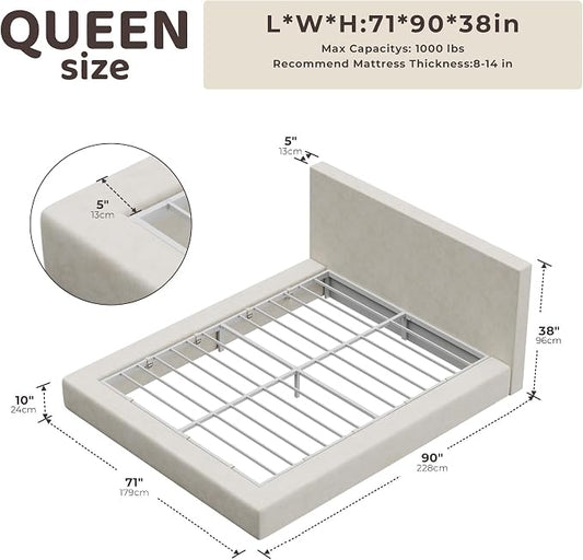 RECCI AirFrame Queen Bed Frame with Headboard, Cloud Upholstered Platform Bed Frame, 5 Inch Foam Cushioned, No Box Spring, Easy Assembly(Beige Chenille)