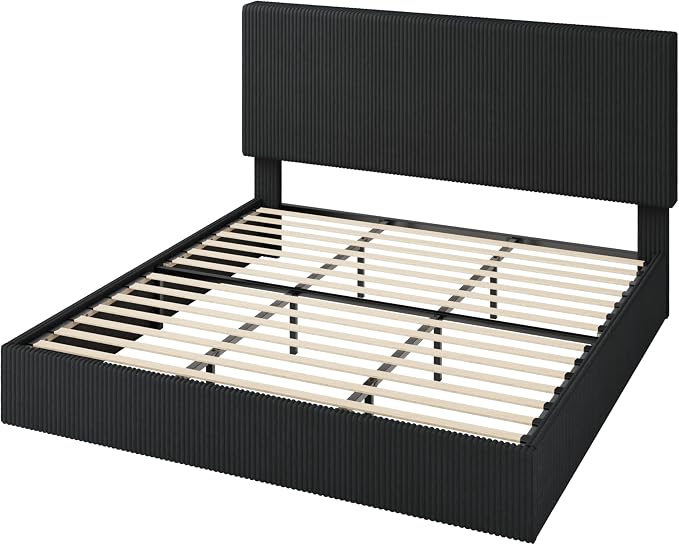 Allewie King Bed Frame, Upholstered Platform Bed, Adjustable Vertical Channel Tufted Headboard, Corduroy Fabric, Modern Low Profile, Wooden Slats, No Box Spring Needed, Easy Assembly, Black