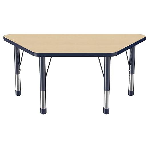 FDP Trapezoid Activity School and Classroom Kids Table (24 x 48 inch), Chunky Toddler Legs for Collaborative Seating Environments, Adjustable Height 15-24 inches - Maple Top and Navy Edge
