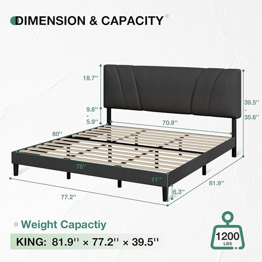 Novilla King Size Bed Frame with Adjustable Headboard Platform King Bed Frame Linen Fabric Upholstered Headboard, No Box Spring Needed, Noise-Free, Wooden Slats Support, Easy Assembly, Dark Grey