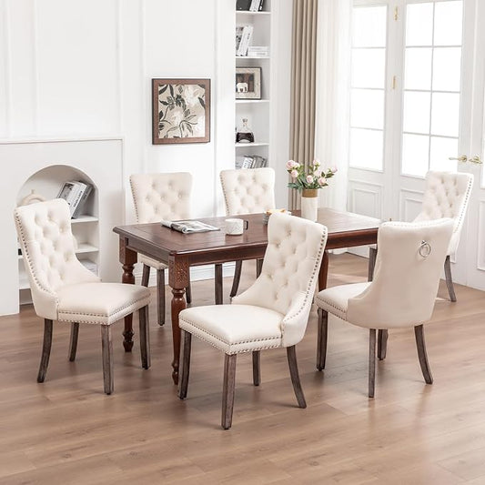 Hixkol Velvet Dining Chairs Set of 6,Upholstered Dining Chairs with Ring Pull Trim and Button Back,Modern Seating for Kitchen, Bedroom & Living Room(Beige)
