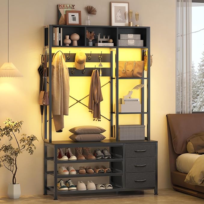39.4'' Hall Tree with Bench and Shoe Storage, Entryway Bench with Coat Rack, 25-in-1 Tall Hall Tree with Led Lights (Black)