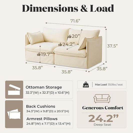 Cloud Loveseat Sofa, Oversized Deep Seat, Luxe Chenille | Fully Removable Washable Covers, Memory Foam Seat Cushions, Premium Fabric