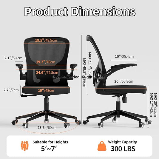 Ergonomic Office Chair, High-Back Mesh Computer Desk Chair with Adjustable Height, Lumbar Support, Flip-Up Armrests,and Swivel Rolling Design for Home and Office Use