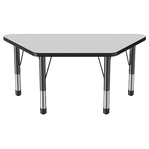 FDP Trapezoid Activity School and Classroom Kids Table (24 x 48 inch), Chunky Toddler Legs for Collaborative Seating Environments, Adjustable Height 15-24 inches - Gray Top and Black Edge