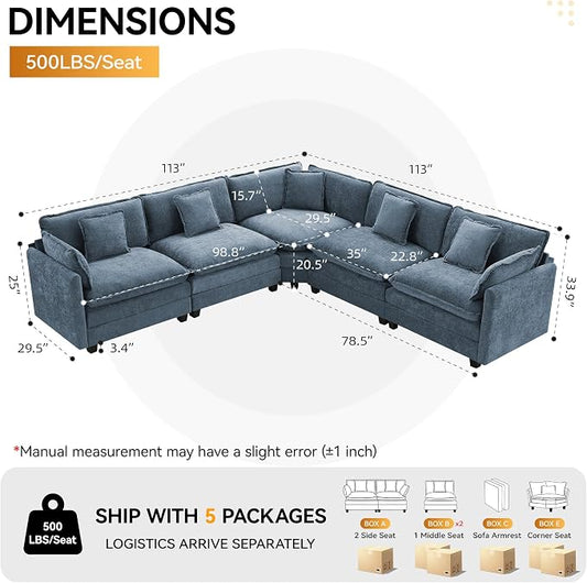 113'' V Shaped Cloud Sectional Sofa, Oversized Deep Seat Couches for Living Room, Chenille Comfy Upholstered Modular Sectional Sofa Couch,Blue