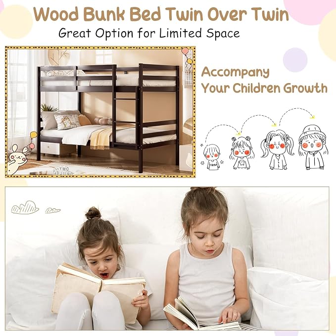 NAFORT Bunk Bed Twin Over Twin, Solid Wood Bunk Bed with Ladder and Safety Rails, Wooden Bed Framefor Kids Teens or Guests, Space-Saving Furniture for Bedroom Dorm, Espresso