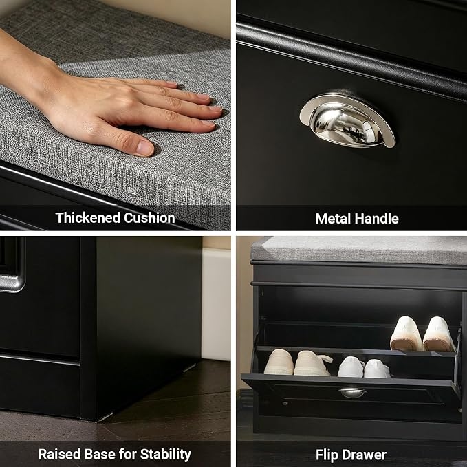 Haotian Black Hallway Shoe Bench, Narrow Shoe Rack Entryway, Small Shoe Cabinet with Flip-Drawer and Seat Cushion, FSR82-K-SCH