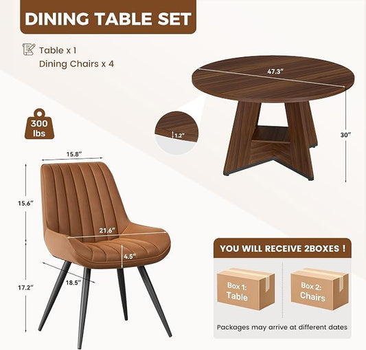 Miereirl 47.3 Inch Round Dining Table Set for 4, Round Kitchen Table with Chairs, Space Saving Dining Room Table Set with Storage Shelf for Apartment Kitchen Dining Room, Walnut Table+4 Brown Chairs