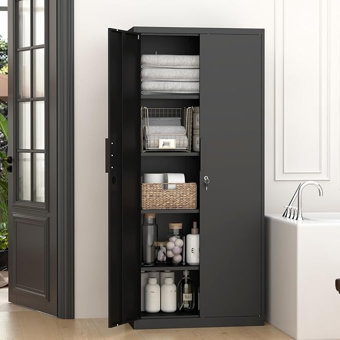GREATMEET Metal Garage Storage Cabinets with Lock Door and Adjustable Shelves, 71'' x 32'' x 17'' Black Steel Tool Cabinets for Home Office Warehouse