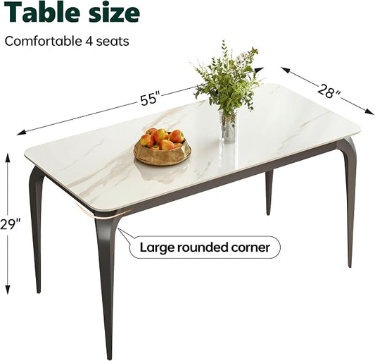 55" White Rectangular Sintered Stone Dining Table with Metal Legs | Versatile kitchen furniture for indoor and outdoor placement, matched with adjustable silent foot pads.