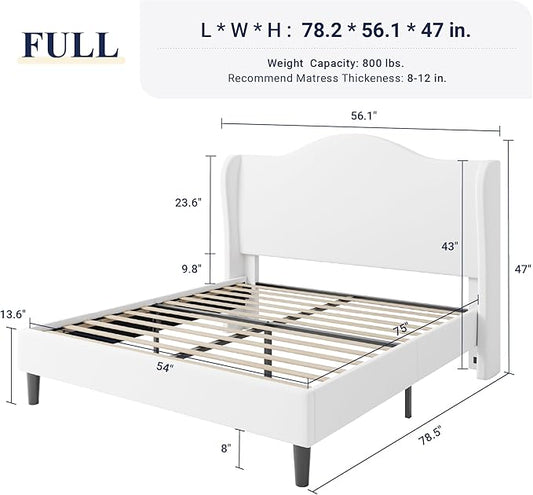 Allewie Full Size Bed Frame, Upholstered Wingback Platform with 47" Tall Tufted Headboard, Plush Velvet Fabric, Modern Minimalist Design, No Box Spring Required, Tool-Free Assembly, White