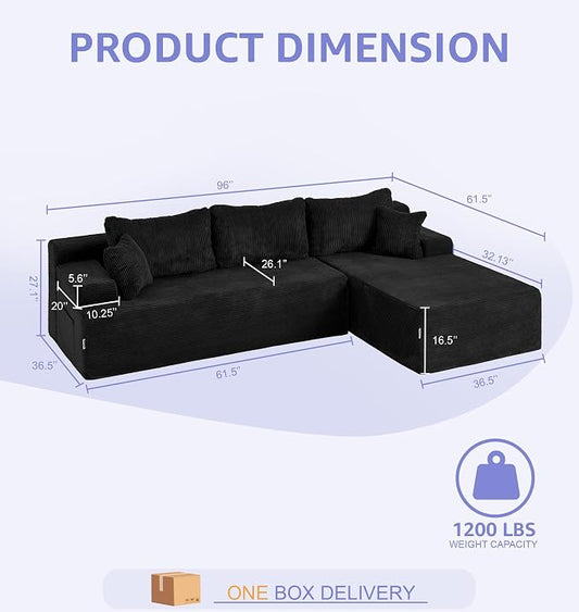 Hobestluk Modular Sectional Sofa Couches L-Shape Couch 3 Seat Modular Sofa Memory Foam Sectional Couches for Living Room, Cloud Couch with Oversized Chaise (Black Corduroy, 96", Right Hand Facing)