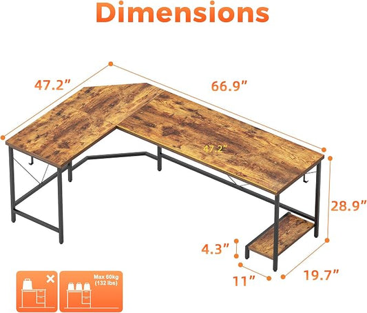 Mericonia 66 inch Large L Shaped Desk, Simple Corner Gaming Desk with CPU Stand & Hooks, Computer Desk for Home, Bedroom & Office Workspace, Dark Brown