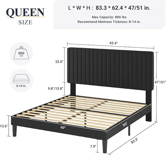 Allewie Queen Bed Frame, Velvet Upholstered Platform Bed with Vertical Channel Tufted Headboard, Mattress Foundation with Strong Wooden Slats, Box Spring Optional, Easy Assembly, Black