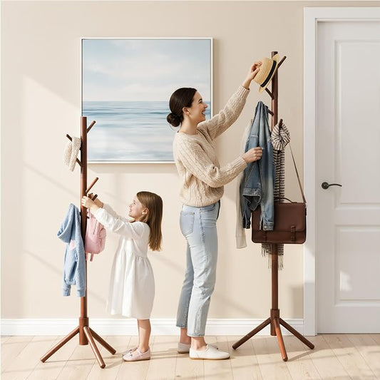 2 PC Wooden Coat Rack Freestanding with 8 Hooks & 3 Adjustable Sizes for Clothes, Space-Saving Design for Bedroom Office Entrance Holds Hats Coats Scarves Bags