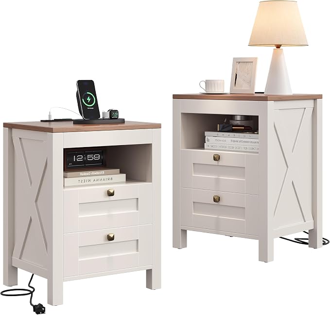 Luoxiao Nightstand Set of 2 with Charging Station, End Table, 18" Farmhouse Side Table with 2 Storage Drawers, Rustic Wooden Sofa Table, Bedside Cabinet for Living Room, Bedroom, White