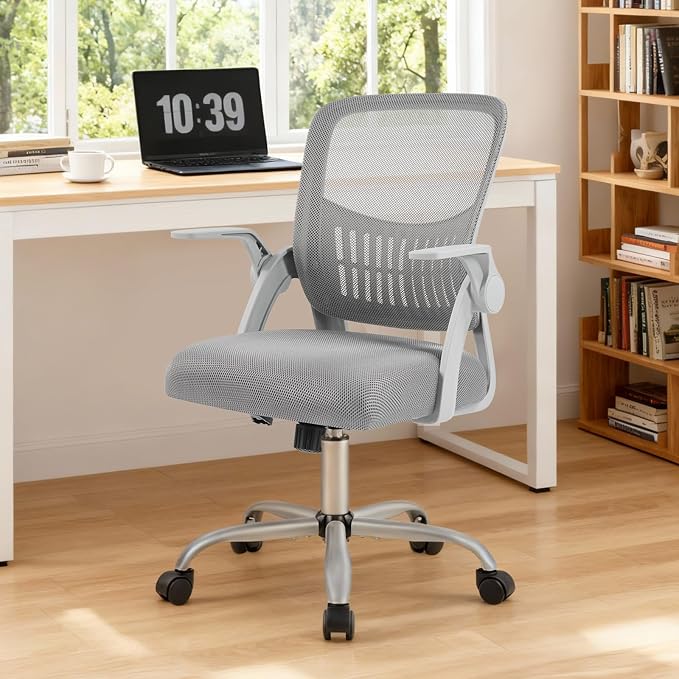 Sweetcrispy Home Office Managerial Executive Chair, Flip Up Armrest Ergonomic Mesh Adjustable Swivel Mid-Back Computer Desk Chair with Comfortable Lumbar Support, Comfy Arms for Bedroom,Study