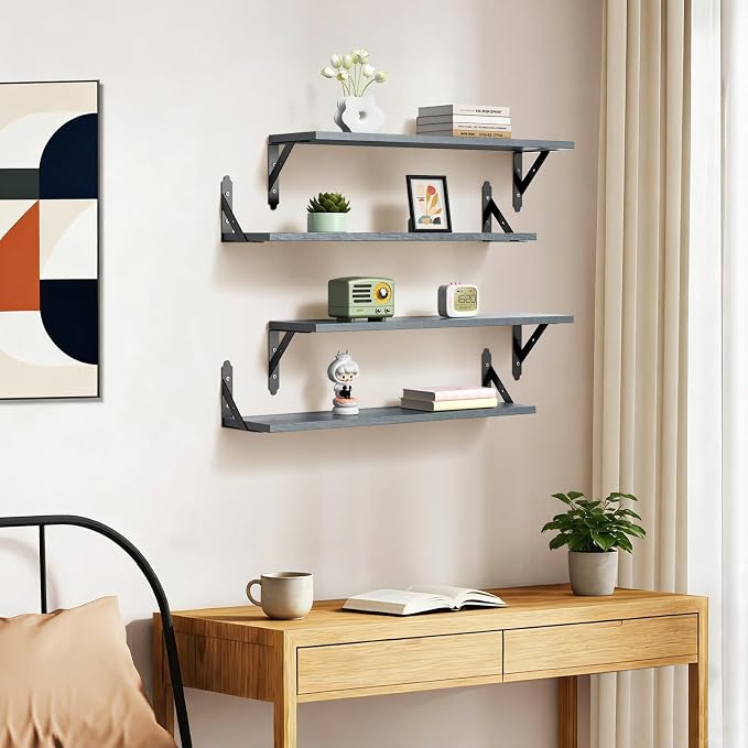 ROMGUAR CRAFT Wood Floating Shelves Set of 4, Rustic Storage Decor Wall Shelves, Wall Mounted Shelf for Living Room, Bedroom 23.6" x 6", Grey