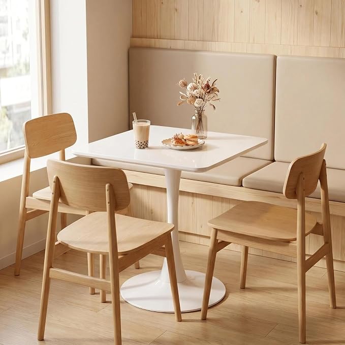 Square Dining Table, 27.6" Tulip Table with Thickened Tabletop & Metal Pedestal, Mid Century Modern Bistro Table for Kitchen, Small Places, Living Room, Cafe (White)