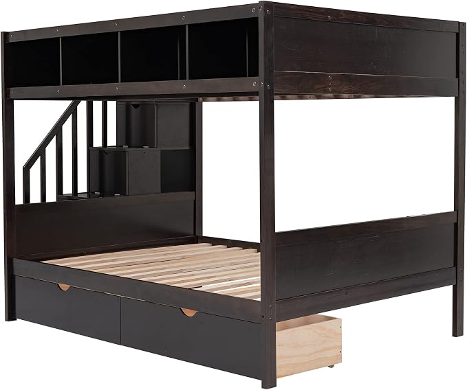 MERITLINE Twin Over Full Bunk Bed with Stairs, Storage Shelves and Drawers, Solid Wood Bunk Bed Frame with Storage, for Teens Adults (Espresso)