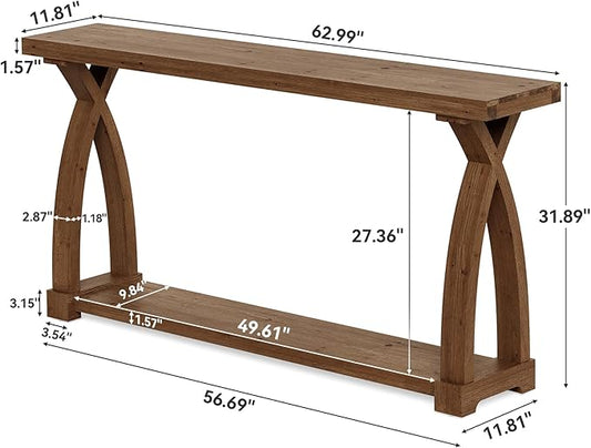 Solid Wood Console Table for Entryway, 63-Inch Narrow Farmhouse Couch Table Behind Sofa with 2-Tier Storage for Entrance, Foyer, Living Room, Long, Dark Brown