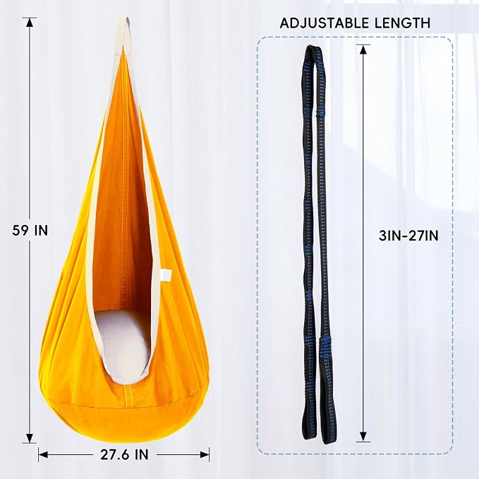 OUTREE Kids Pod Swing Seat, Cotton Child Hammock Swing Chair, Sensory Swing for Indoor and Outdoor Use, Yellow and White