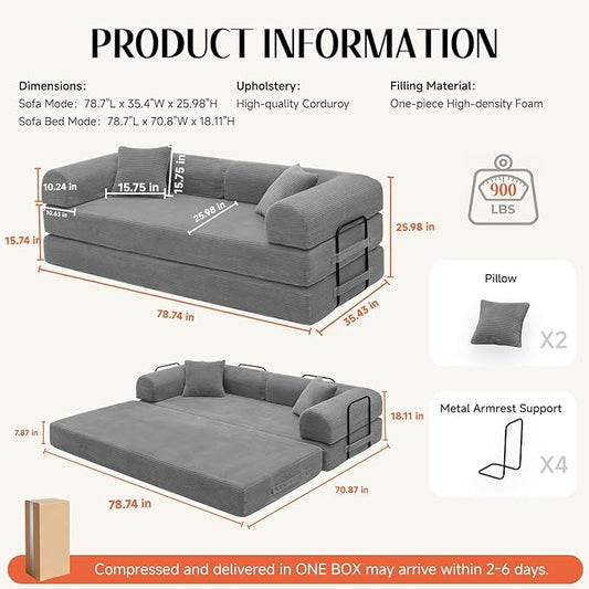 79'' Convertible Sofa Bed, Boneless Couch-in-a-Box, Corduroy Floor Futon Loveseat Sleeper, 26'' Deep Seat, Removable Machine-Wash Covers, No Assembly, 2 Pillows, Light Grey