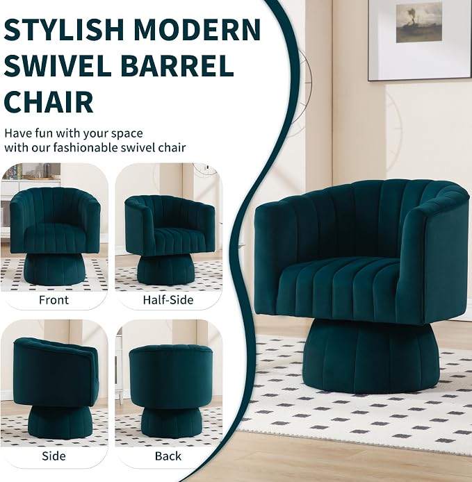 Swivel Accent Barrel Chair Set of 2- Cute Comfy Small Round 360° Arm Chair Velvet Sofa Club Reading Chair for Living Room Bedroom Office Green