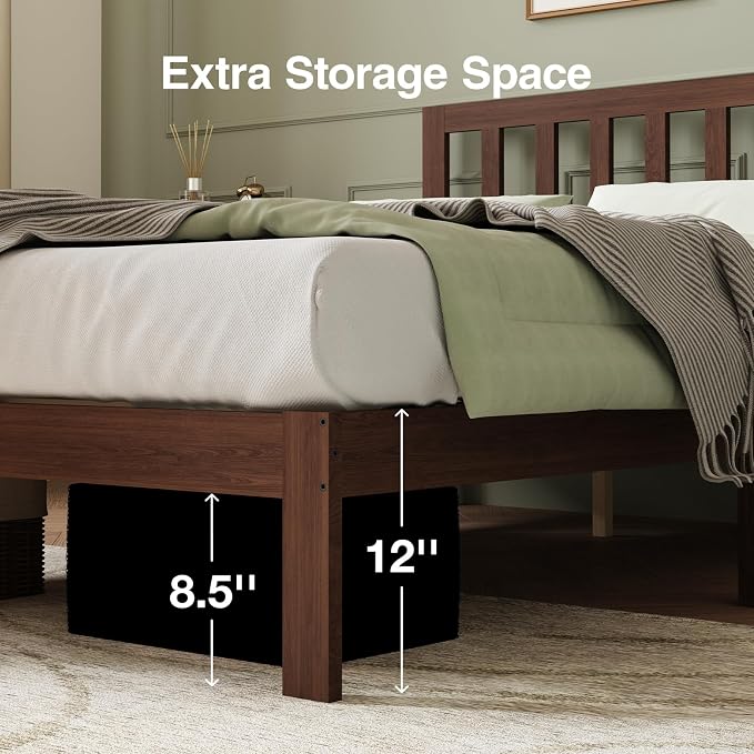 Novilla 12inch King Size Bed Frame Wooden King Bed Frame and Headboard, Classic King Size Bed Frame with Headboard, No Box Spring Needed, Easy Assembly, Walnut