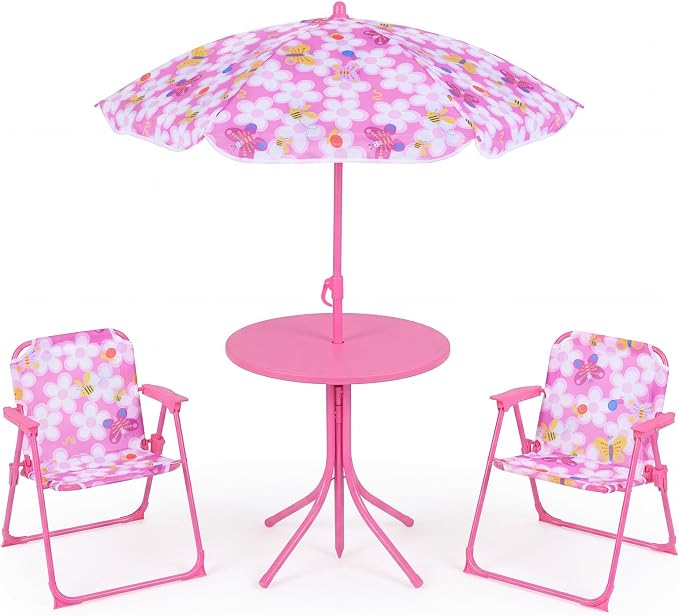 Costzon Kids Picnic Table, Kids Outdoor Table with 2 Folding Chairs, Height Adjustable Umbrella, Portable Children Outdoor Furniture for Patio, Garden, Backyard (Pink Flowers)