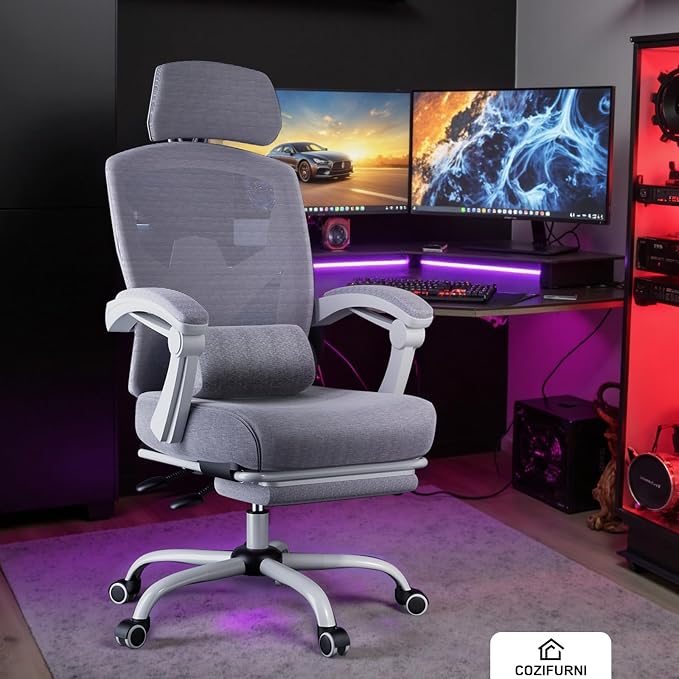 DUMOS Office Desk Computer Chair with Footrest, Ergonomic Mesh Swivel Gaming Chair with Rolling Wheels, Comfortable Headrest, Lumbar Support, Comfy for Home, Office, Task, Student, Elegant Grey