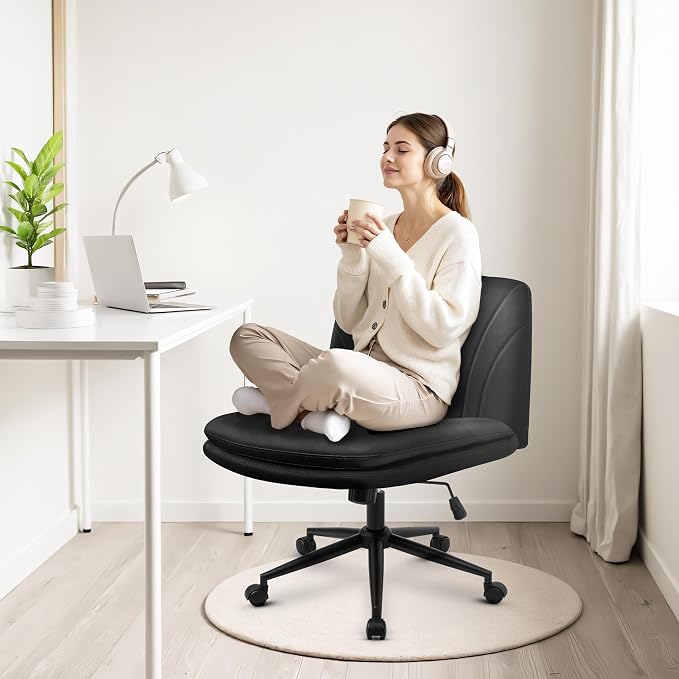 Orange Factory Criss Cross Chair with Wheels Comfy Wide Vanity Desk Chair Dual Base Leather Armless Adjustable Swivel for Home Computer Task (Black Pu, Faux Leather)