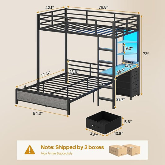 ADORNEVE Twin Over Full Bunk Bed with Desk, Bunk Beds Twin Over Full Size with Charging Station & Led Lights, Storage Drawers & Shelves, Loft Bed with Safety Guardrail & Ladder for Kids/Teens, Grey