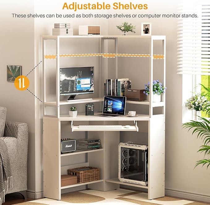 Armocity Corner Desk with Hutch and LED Light, L-Shaped Desk with Power Outlets & USB Ports, Corner Gaming Desk with Keyboard Tray and Storage Shelves, Home Office Workstation for Small Space White