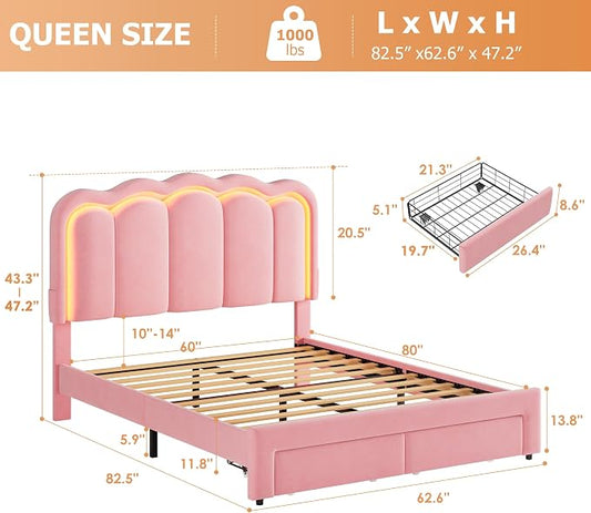Queen Upholstered LED Bed Frame with 2 Storage Drawers and Adjustable Chic Double Wavy Headboard, Velvet Princess Platform Bed with Charing Station, Solid Wood Slats Support,No Box Spring Needed, Pink