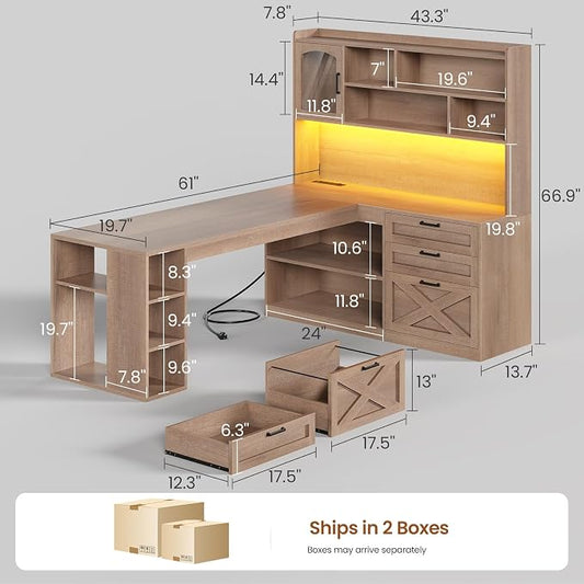 SEDETA Farmhouse L Shaped Office Desk with Drawers, 61” Computer Desk with Storage Shelves and Power Outlet, Corner Gaming Desk with LED Light and Display Cabinet for Home Office, Light Brown