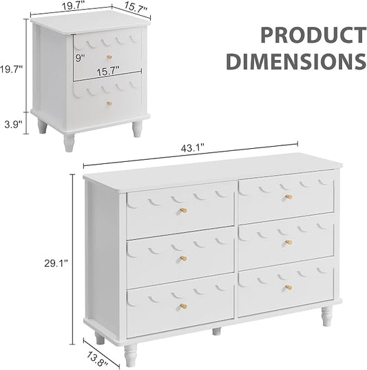 Anbuy Bedroom Sets 2 PCS White 6 Drawer Dresser and Night Stand Sets for Bedroom, Two Drawers Nightstand & Scalloped 6 Drawer Dresser Combo 2 Pieces (White)