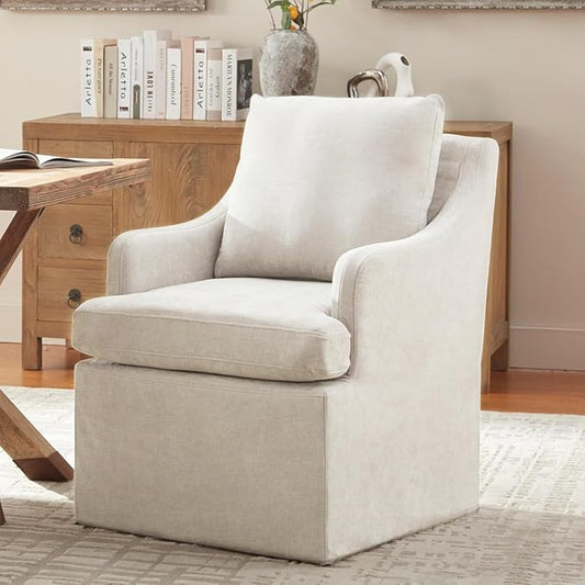 VKNOW Upholstered Dining Chairs Set of 6, Modern Kitchen Chairs Dinner Chairs with 4 Casters, Chenille Armchair for Bedroom Reading Room Living Room, Beige