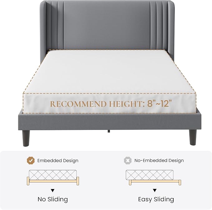 SHA CERLIN Full Size Velvet Upholstered Platform Bed Frame with Vertical Channel Tufted Wingback Headboard, Wooden Slats Support, Easy Assembly, Under Bed Storage, No Box Spring Required, Grey